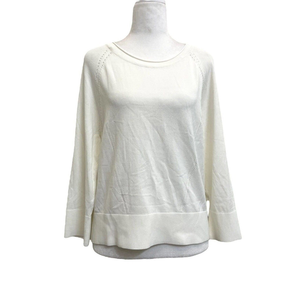 Milly White Woven Knit 3/4 Sleeve Perforated Statement Seam Blouse